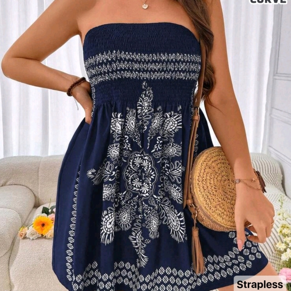 Strapless Navy Blue Printed Sundress